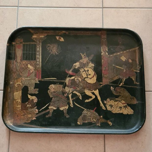 Antique tray with battle scene used