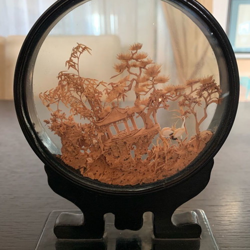 Chinese Microcarving Diorama Used Cork Panel with Wooden Base
