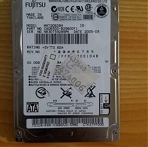 Σκληρος Δισκος HDD Fujitsi 60GB 2.5" 5400 RPM MHT2060BH Συνδεση SATA Τested Λειτουργικος