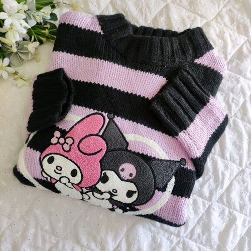 Hello Kitty Sanrio Pullover with Kuromi & My Melody used, striped, size S