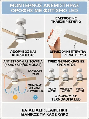 Silent ceiling fan with 45W DC motor, 122 cm, reversible blades, 6 speeds, timer, summer-winter function, remote control