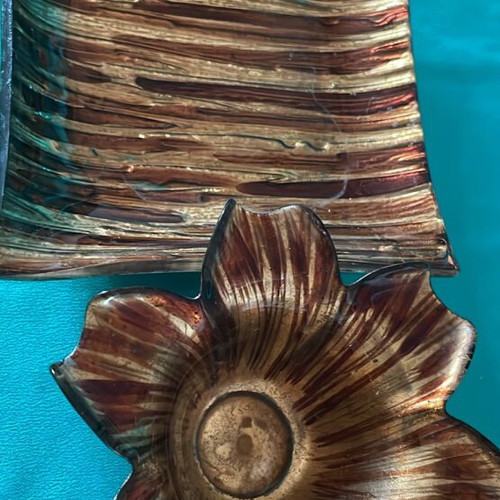 Glass decorative set new, brown and gold, ashtray and bowl