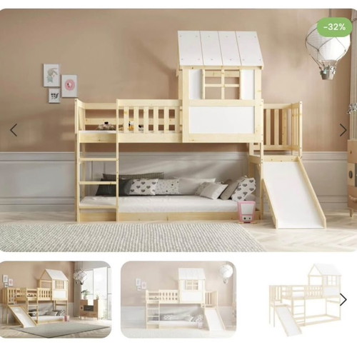 Elevated playhouse bed with slide and foam mattress