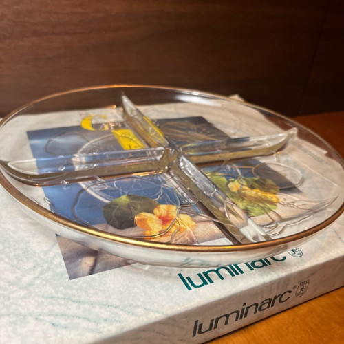 Luminarc Capucine πιατέλα 4 θέσεων καινούργια, floral glass με χρυσό χείλος