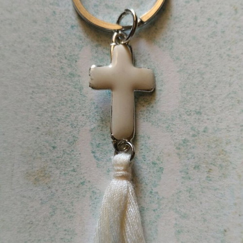 Handmade baptism favors pack of 50 silver keychains with enamel cross and ecru tassel