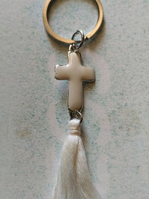 Handmade baptism favors pack of 50 silver keychains with enamel cross and ecru tassel