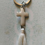 Handmade baptism favors pack of 50 silver keychains with enamel cross and ecru tassel