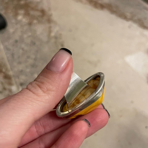 Silver ring with amber stone used, handmade