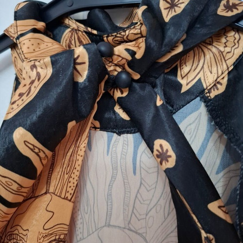 Abstracto long satin dress black with sun pattern, size L, like new