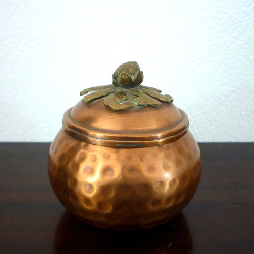 Vintage hammered bronze and copper fondue pot used