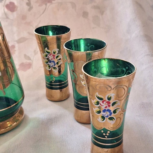 Vintage wine or ouzo serving set, like new, emerald crystal with gold