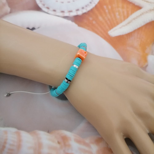 Women's summer bracelet with blue fimo discs, hematite and orange ceramic stone new