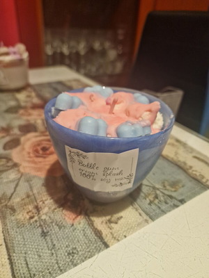 Handmade Bubble Gum Cream Splash Soy Candle in Blue Glass