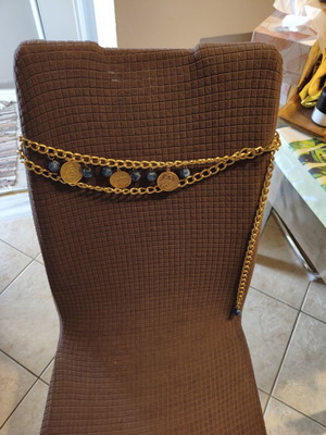 Vintage belt with blue beads and gold coins new, adjustable 115cm