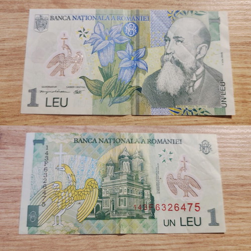 Romanian 1 Leu banknote used, polymer 2005