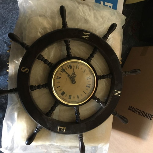 Wooden nautical ship wheel wall clock used with compass