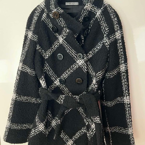 Laura Donini wool coat used, double-breasted with belt, black, size L