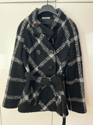 Laura Donini wool coat used, double-breasted with belt, black, size L