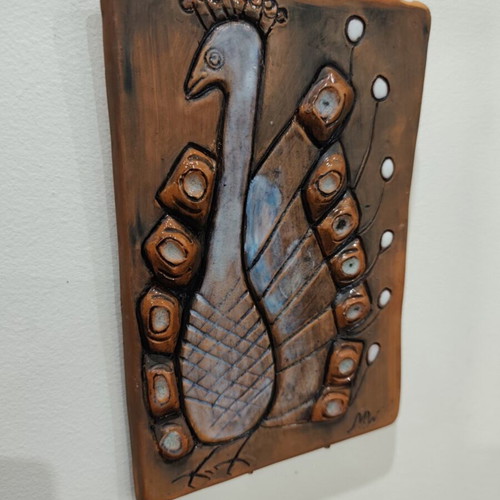 Vintage ceramic wall panel peacock signed, like new
