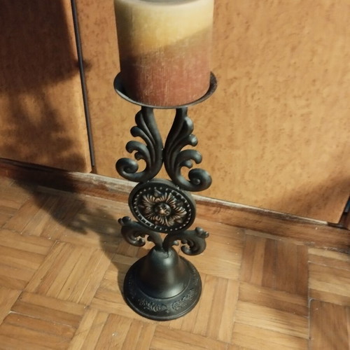 Vintage Cast Iron Candle Holder 40 cm with Large Candle
