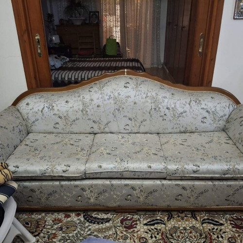 Sofa with solid wood frame and glossy fabric, like new, three-seater
