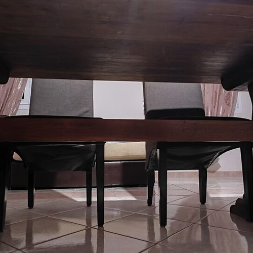 Monastic dining set with solid wood table and 6 fabric chairs, like new