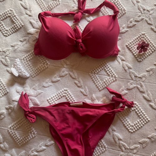 Pink bikini set used, vibrant color, size S