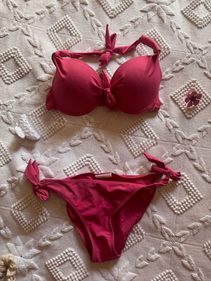 Pink bikini set used, vibrant color, size S