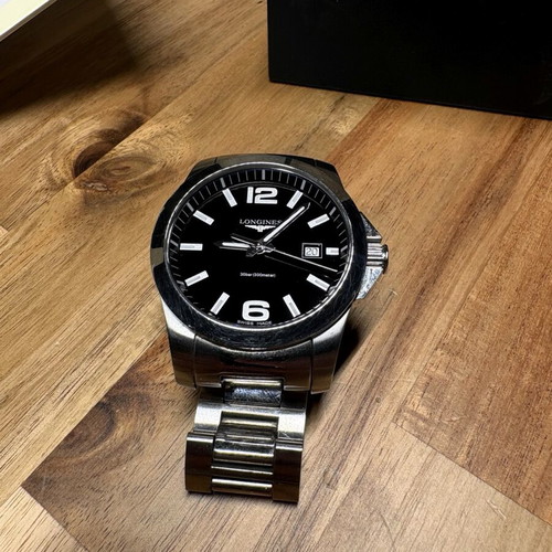 Longines Conquest Quartz 41mm watch, black dial, steel bracelet