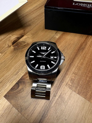 Longines Conquest Quartz 41mm watch, black dial, steel bracelet