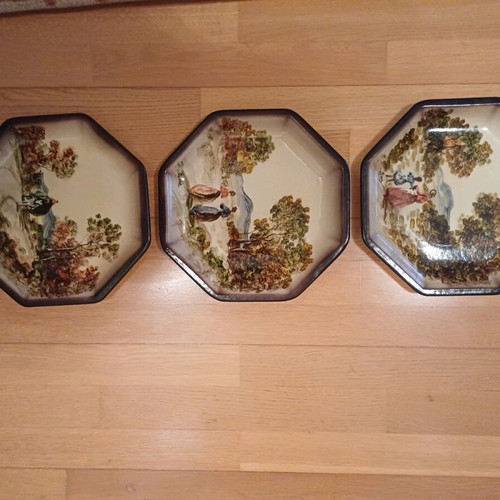 Decorative octagonal plates handmade painted, set of 3 new, 26cm