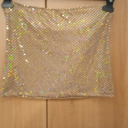 Blouse used, beige and gold with chain neck detail