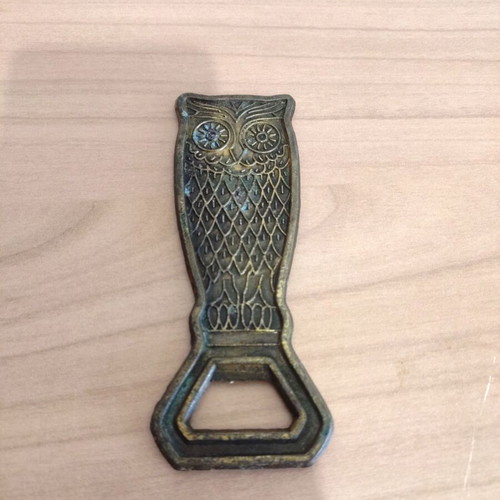 Vintage brass owl-shaped bottle opener used, 1970s