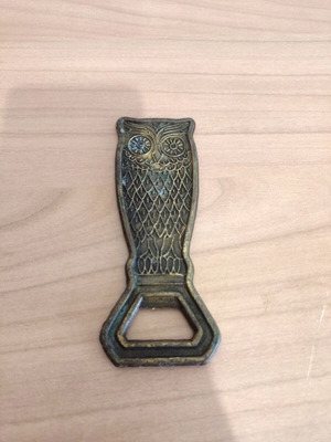 Vintage brass owl-shaped bottle opener used, 1970s