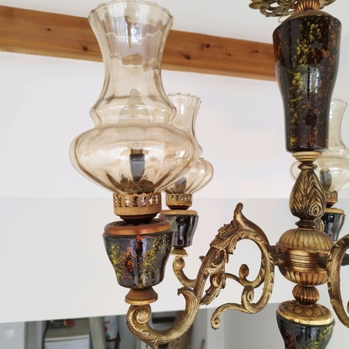 Pair of chandeliers used with ceramic base, five-light and four-light