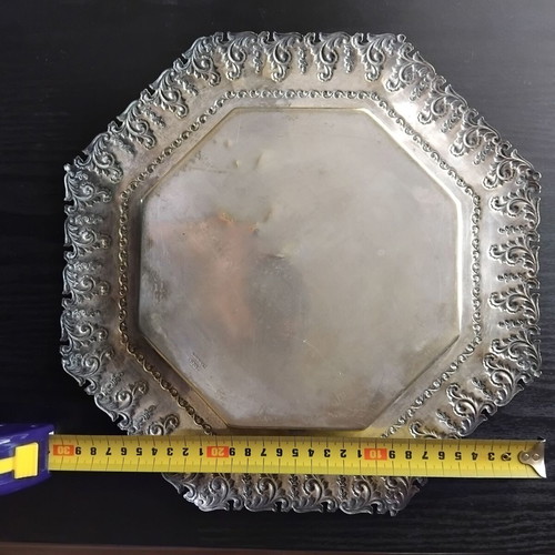 Silver plated octagonal tray used with embossed decoration 19th century