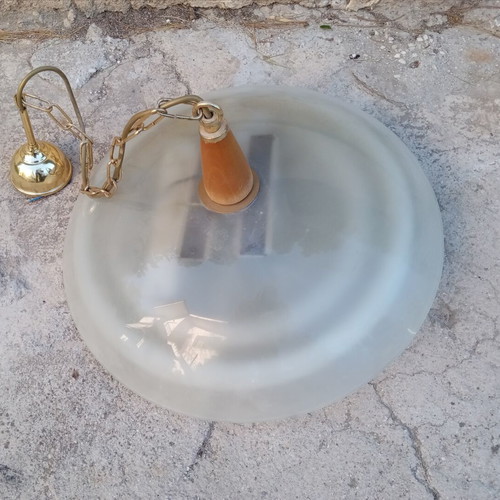 Glass ceiling light with double fluorescent lamp, wooden base, used