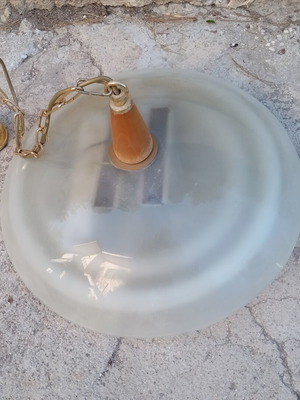 Γυάλινο φωτιστικό οροφής με διπλή λάμπα φθορίου, ξύλινη βάση, μεταχειρισμένο