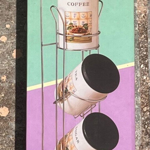Kitchen organization container set new with 3 ceramic jars and metal stand
