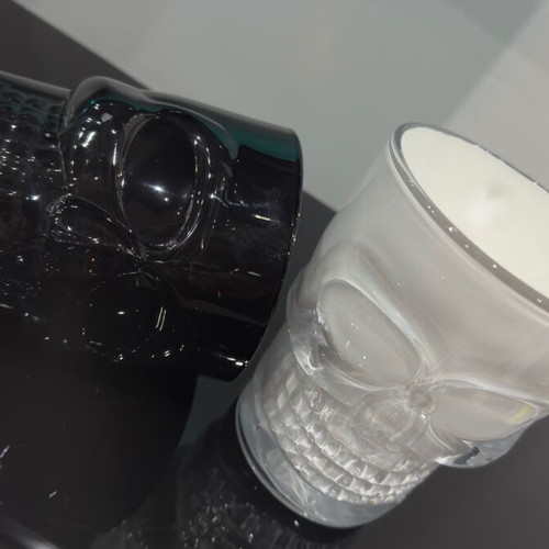 Set of 2 glass skull mugs used, handmade painted