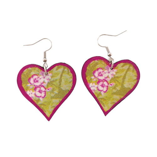 Wooden handmade heart earrings green with fuchsia