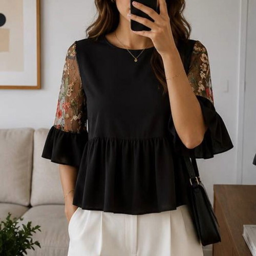 Coocu Black Blouse with Embroidered Floral Tulle Sleeves, Like New, Size M