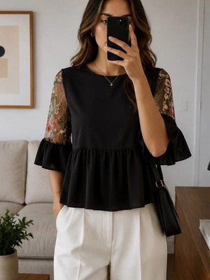 Coocu Black Blouse with Embroidered Floral Tulle Sleeves, Like New, Size M
