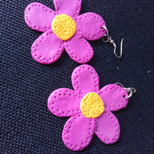 Flower earrings handmade from scratch, pink and purple