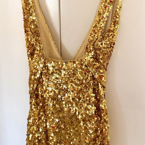 BCBG Maxazria Sequined Gold Maxi Dress XXS like new