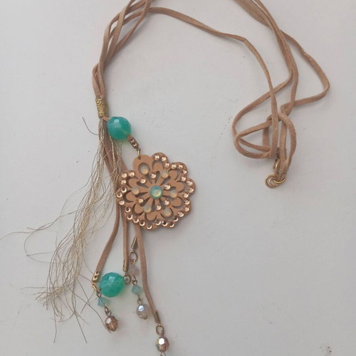 Boho handmade long necklace like new with beige and turquoise beads