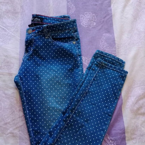 Polka Dot Jeans like new, white and blue