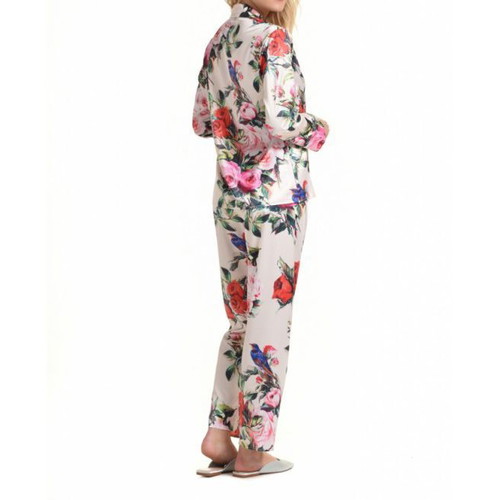 Women's Satin Buttoned Floral Pajamas MISS ROSY Beige 6111 Large New