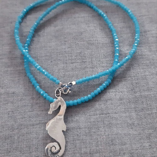 Seahorse pendant necklace silver 925 with turquoise crystals, handmade