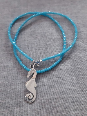 Seahorse pendant necklace silver 925 with turquoise crystals, handmade